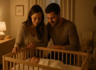 First time parent couple smiling warmly as they gaze at their newborn in a softly lit, neutral-toned nursery