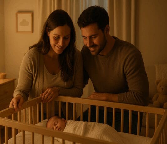 First time parent couple smiling warmly as they gaze at their newborn in a softly lit, neutral-toned nursery