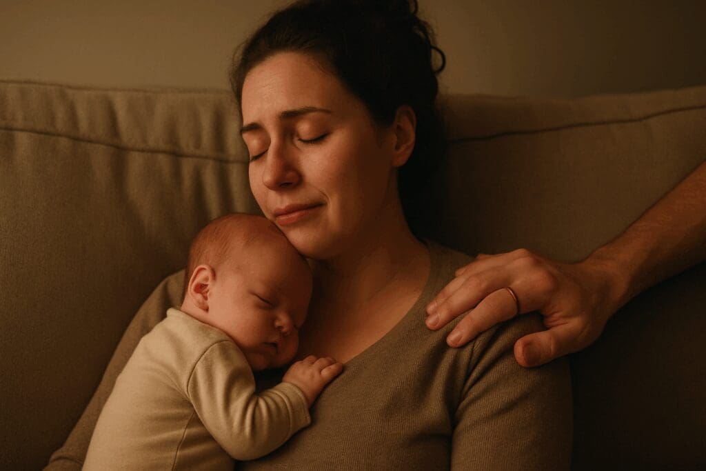 Exhausted but joyful first time parent holding newborn on a sofa, supported by partner’s comforting hand in a softly lit room
