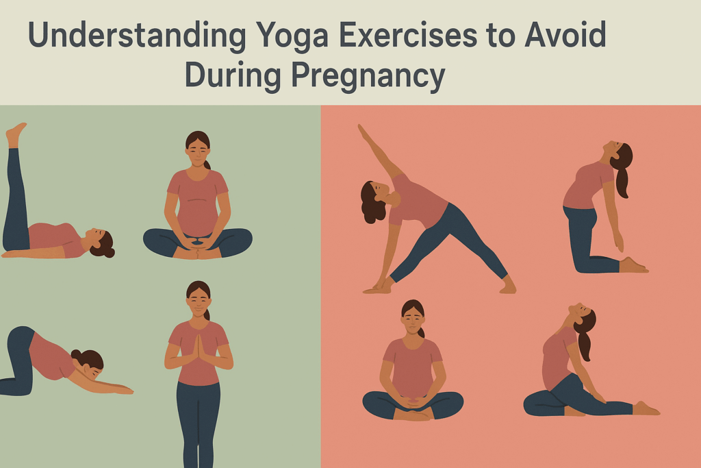 Infographic illustration showing safe and unsafe first trimester yoga poses with pregnant women demonstrating each.