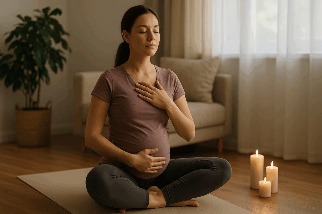 Pregnant woman practicing first trimester yoga poses in Sukhasana with hands on heart and belly, surrounded by soft candlelight in a serene living room.