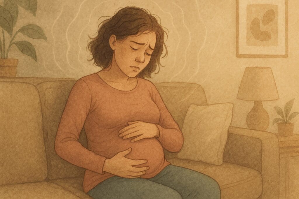 Pregnant woman resting on a couch, reflecting emotional changes often supported by first trimester yoga poses at home.