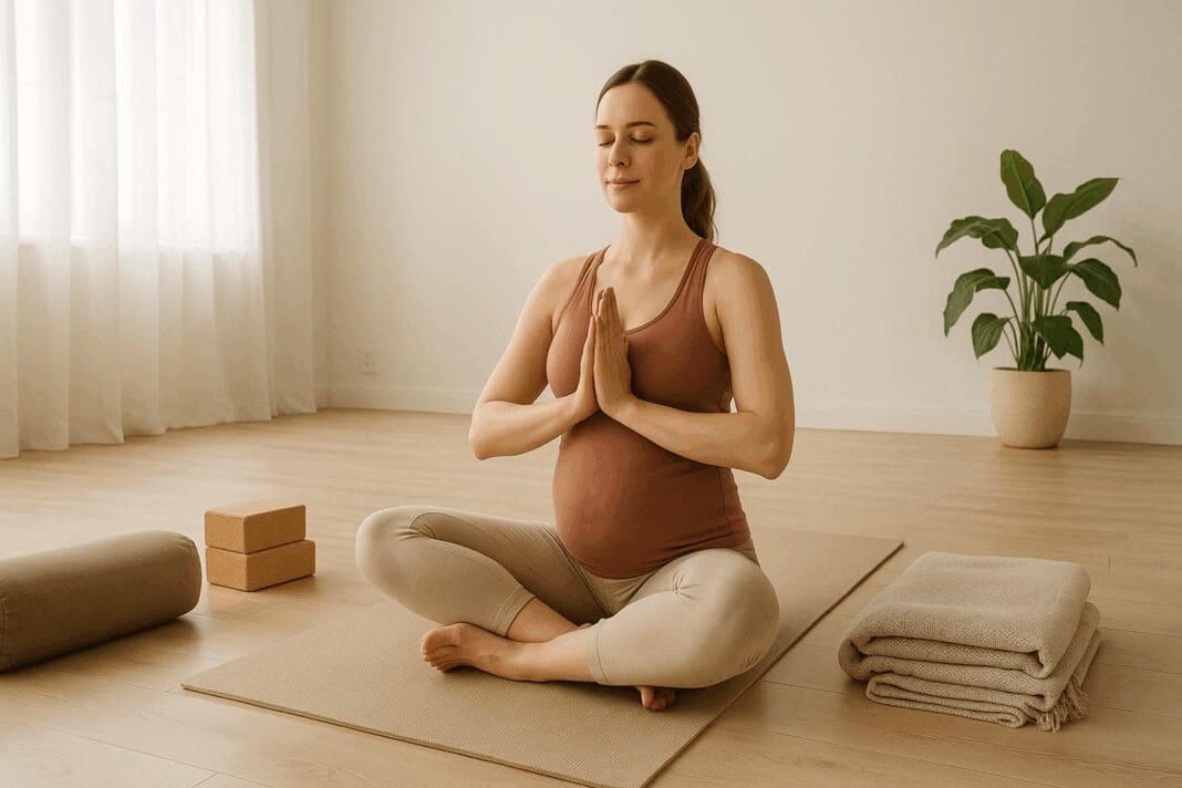 Pregnant woman in a calm studio practicing first trimester yoga poses with props like bolsters and blocks