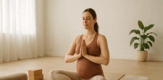 Essential First Trimester Yoga Poses Every Pregnant Mom Should Know for a Safer Start Pregnant woman in a calm studio practicing first trimester yoga poses with props like bolsters and blocks