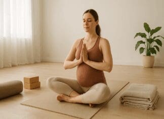 Pregnant woman in a calm studio practicing first trimester yoga poses with props like bolsters and blocks