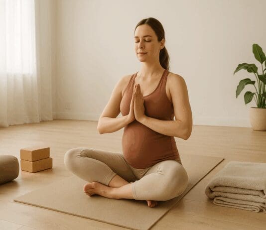 Pregnant woman in a calm studio practicing first trimester yoga poses with props like bolsters and blocks