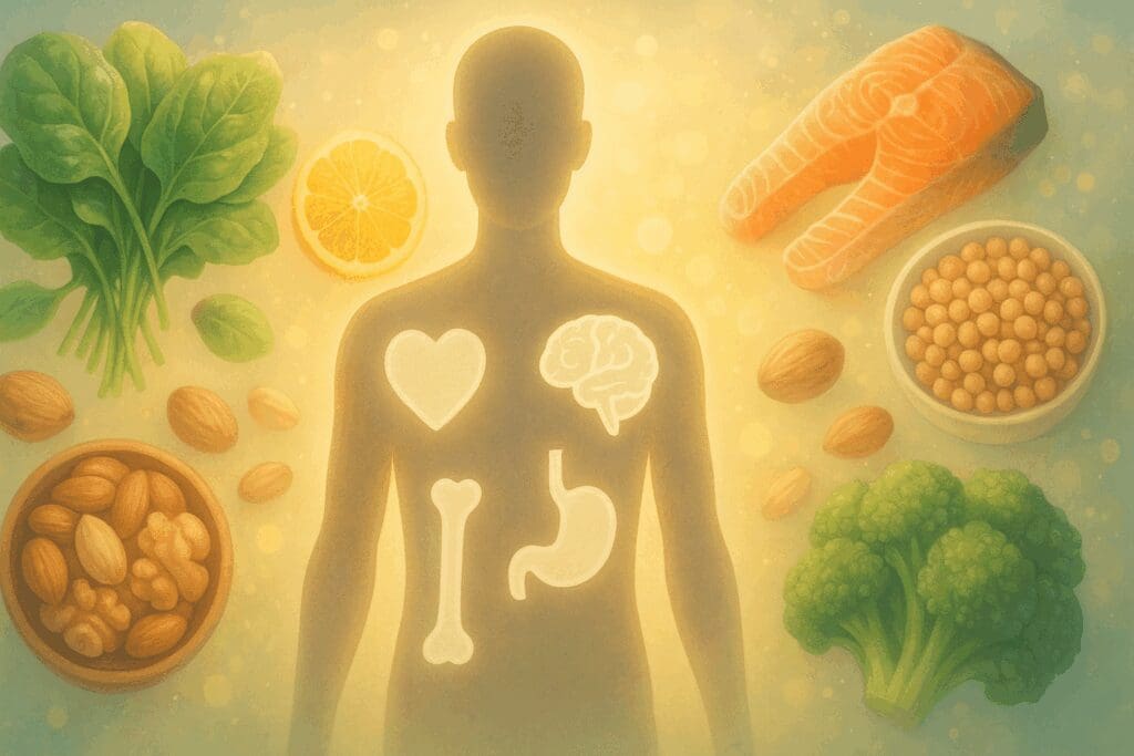 Glowing human silhouette overlaid with icons of heart, brain, bones, and stomach, surrounded by healthy foods like spinach, salmon, citrus, and legumes—symbolizing the difference between vitamins and minerals in holistic wellness.