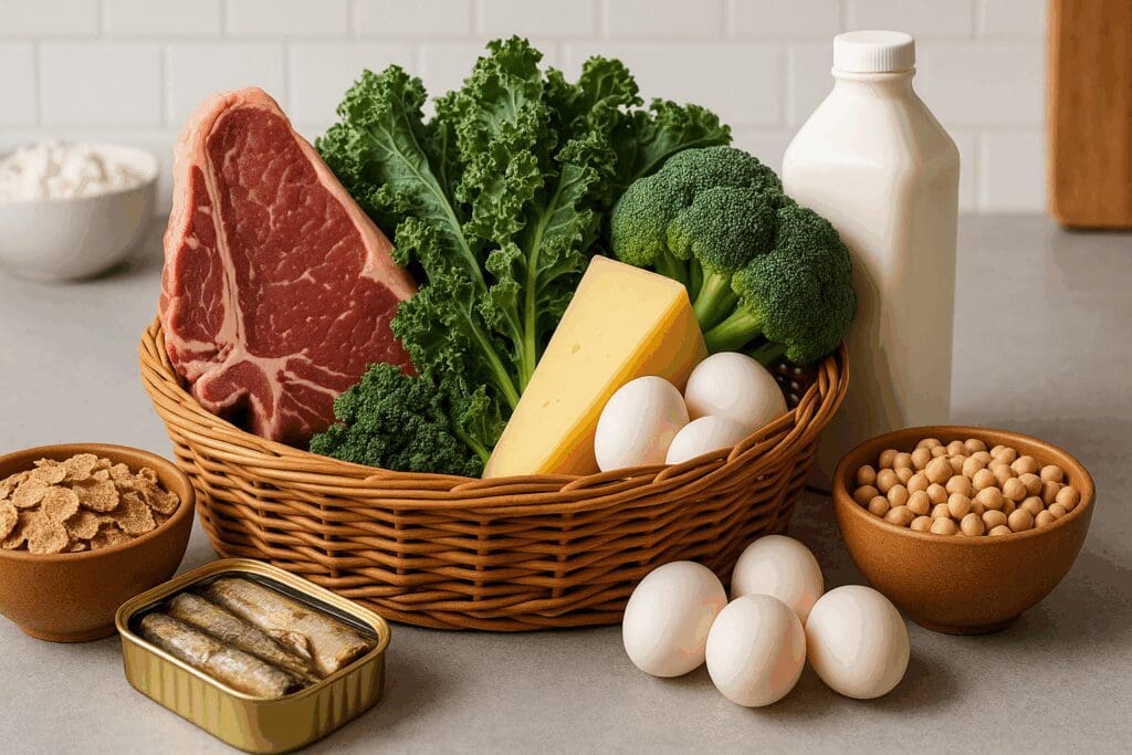 Assorted mineral-rich foods like kale, red meat, sardines, and dairy displayed in a kitchen setting to illustrate the difference between vitamins and minerals