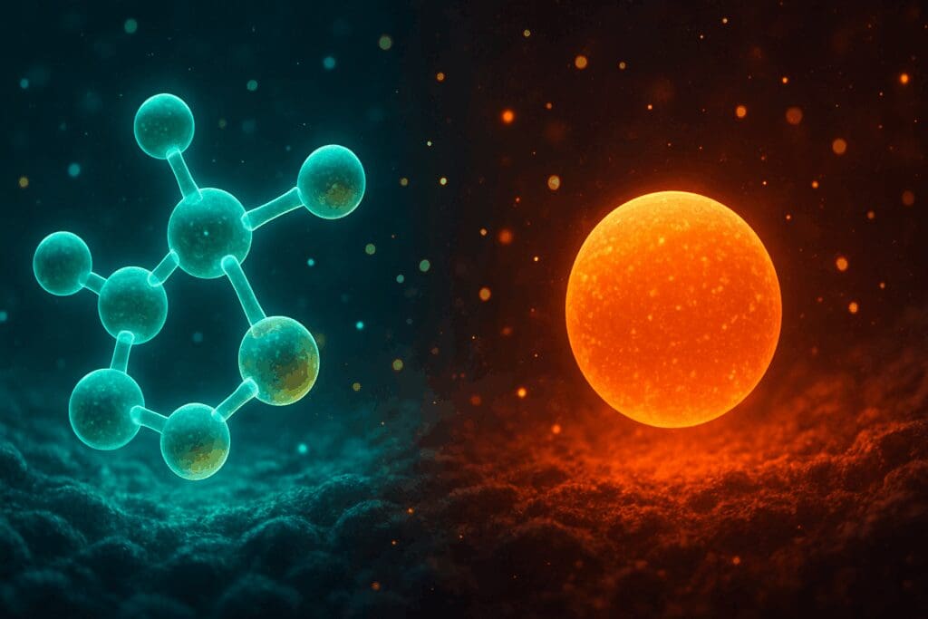 Molecular structure of a vitamin compound beside a glowing iron atom under a microscope, illustrating the difference between vitamins and minerals