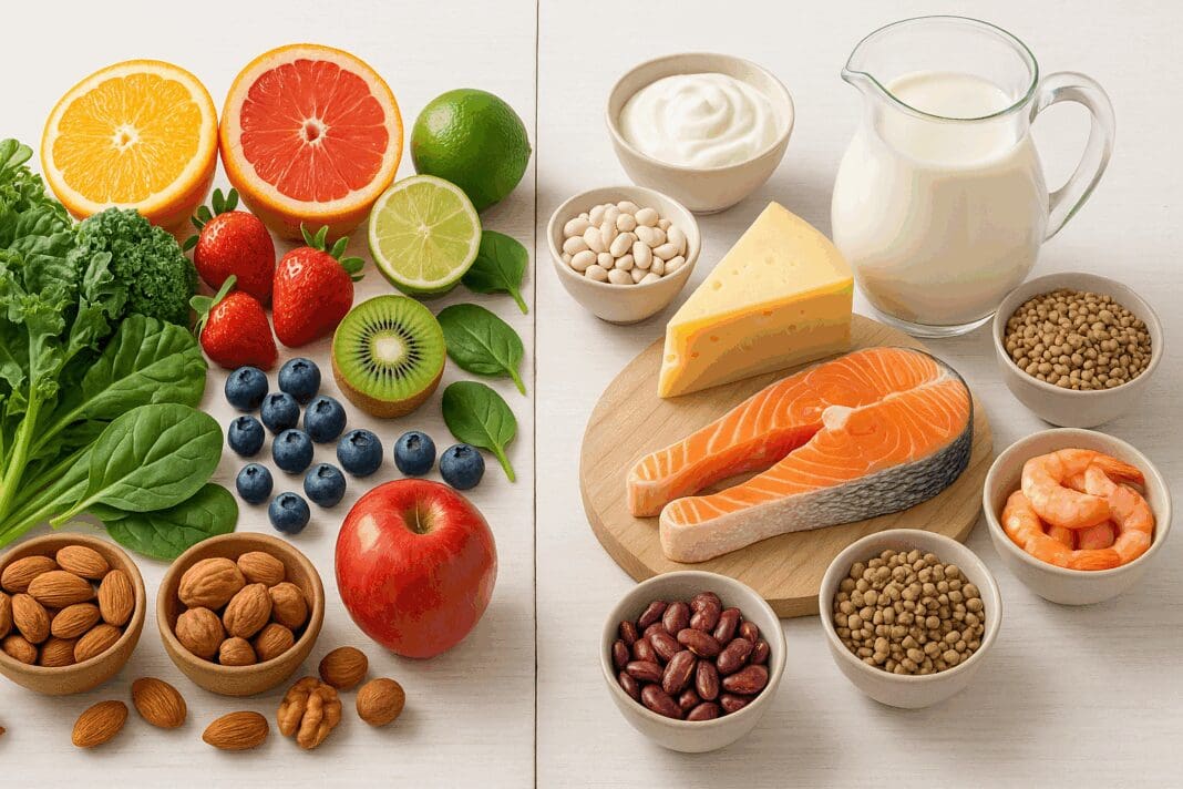 Split table showing the difference between vitamins and minerals with citrus fruits, leafy greens, and nuts on one side, and dairy, seafood, and legumes on the other.