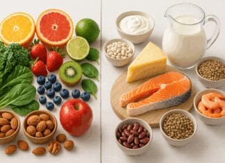 Split table showing the difference between vitamins and minerals with citrus fruits, leafy greens, and nuts on one side, and dairy, seafood, and legumes on the other.