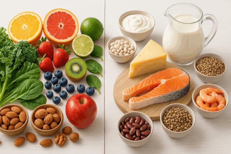 Split table showing the difference between vitamins and minerals with citrus fruits, leafy greens, and nuts on one side, and dairy, seafood, and legumes on the other.