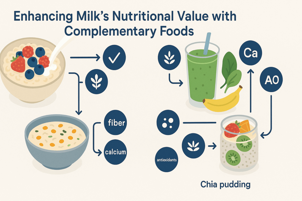 Infographic showing four nutrient-rich milk-based meals highlighting the benefits of drinking milk while pregnant, including added protein, fiber, calcium, and antioxidants