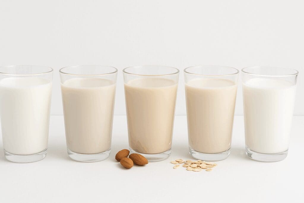 Five types of milk in clear glasses—cow’s, soy, almond, oat, and lactose-free—visually comparing options for the benefits of drinking milk while pregnant.