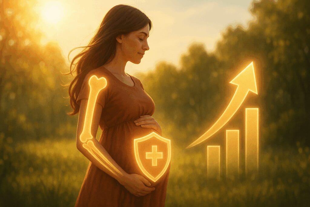 Pregnant woman in sunlight with glowing shield and bones, symbolizing benefits of drinking milk while pregnant