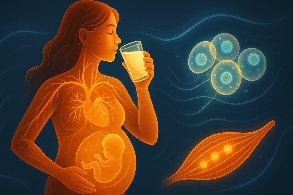 Pregnant woman drinking milk with glowing internal visuals of hydration, showing the benefits of drinking milk while pregnant