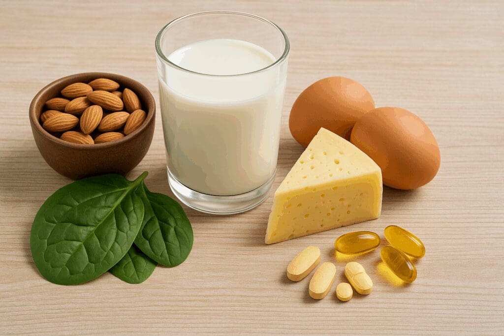 Glass of milk surrounded by almonds, spinach, cheese, eggs, and supplements on a wooden table, illustrating the benefits of drinking milk while pregnant.