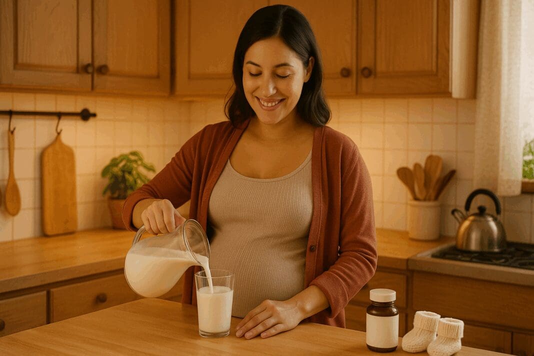 Smiling pregnant woman in a cozy kitchen pours a glass of milk, showing the benefits of drinking milk while pregnant.