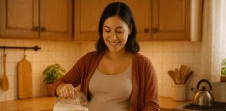Essential Health Benefits of Drinking Milk While Pregnant Every Mother Should Know Smiling pregnant woman in a cozy kitchen pours a glass of milk, showing the benefits of drinking milk while pregnant.