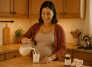 Smiling pregnant woman in a cozy kitchen pours a glass of milk, showing the benefits of drinking milk while pregnant.