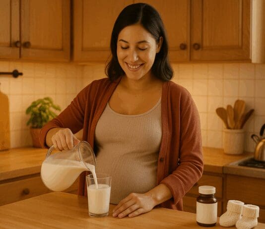 Smiling pregnant woman in a cozy kitchen pours a glass of milk, showing the benefits of drinking milk while pregnant.