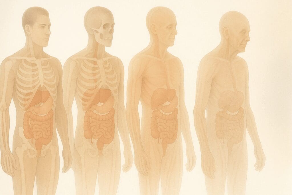 Aging male body shown in four stages with visible bones, muscles, and digestive system, illustrating health changes supported by vitamins for seniors over 70