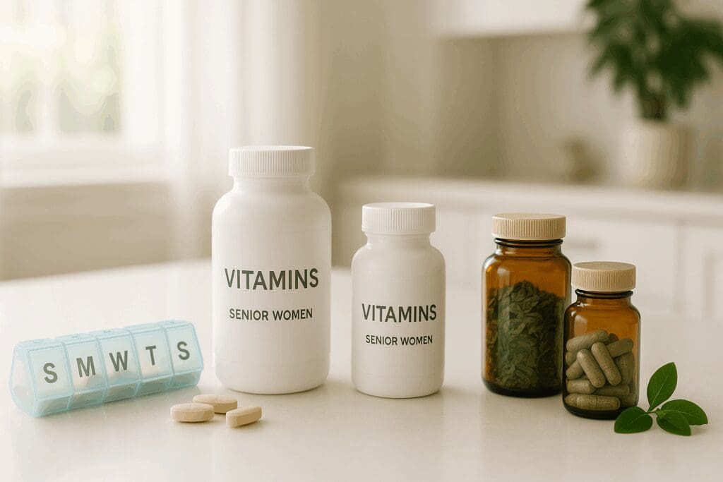 Senior-formulated vitamins for seniors over 70 arranged with herbal supplements and a pill organizer on a white kitchen counter in natural light