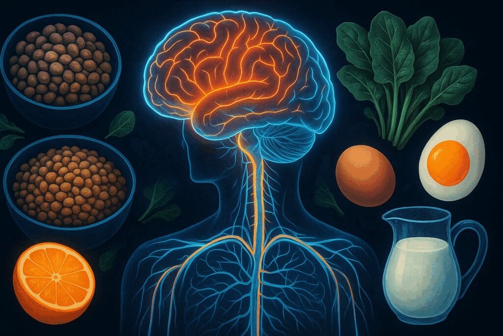 Stylized illustration of the human brain and nervous system glowing with vitality, surrounded by foods rich in folate and B12—key vitamins for seniors over 70.