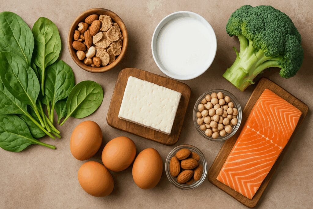 Flat-lay of foods rich in vitamins for seniors over 70, including leafy greens, salmon, eggs, dairy, nuts, and fortified cereal