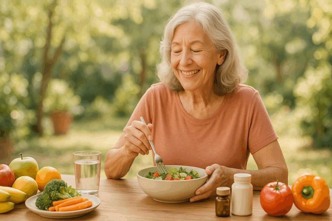 Smiling elderly woman enjoying a fresh salad outdoors with fruits, vegetables, and vitamins for seniors over 70 on the table