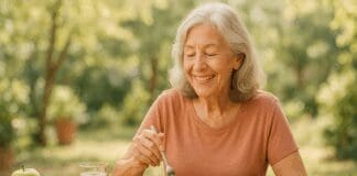 Smiling elderly woman enjoying a fresh salad outdoors with fruits, vegetables, and vitamins for seniors over 70 on the table