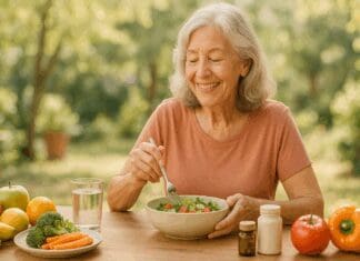 Smiling elderly woman enjoying a fresh salad outdoors with fruits, vegetables, and vitamins for seniors over 70 on the table