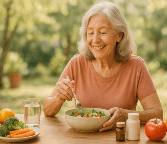 Smiling elderly woman enjoying a fresh salad outdoors with fruits, vegetables, and vitamins for seniors over 70 on the table