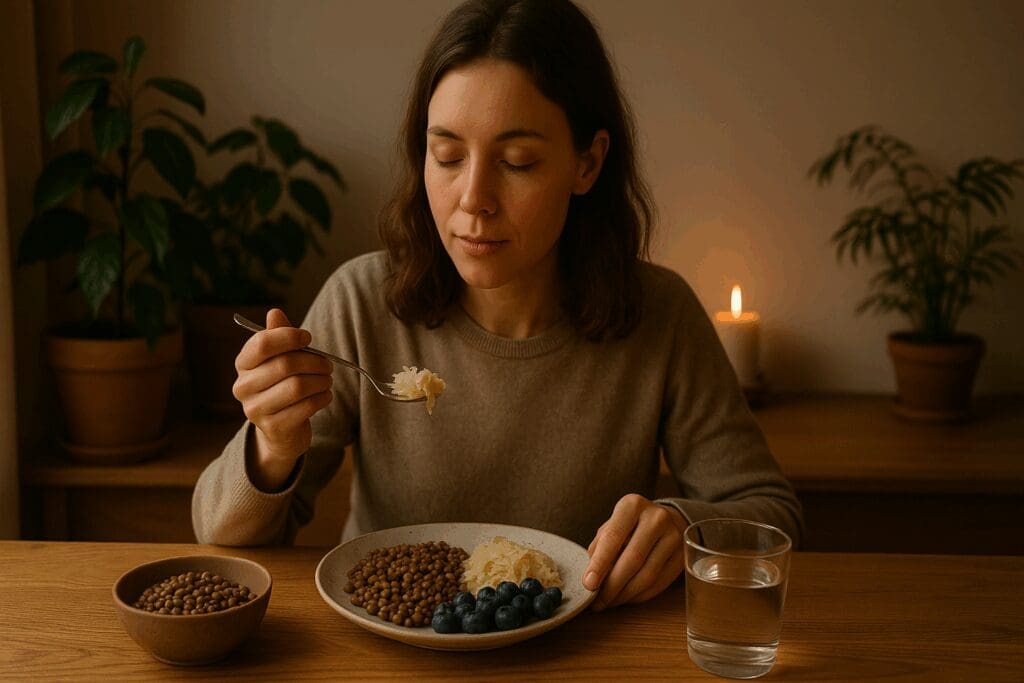 Woman enjoying a peaceful dinner of sauerkraut, lentils, and berries in a cozy setting, highlighting wfpb recipes for mental clarity