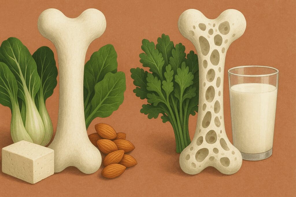 Comparison of plant-based foods like bok choy, almonds, tofu, and leafy greens versus milk, illustrating bone health benefits in wfpb recipes