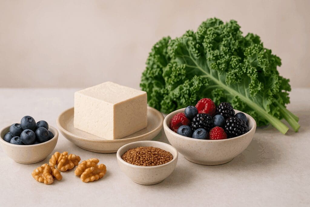 Hormone-balancing ingredients like tofu, flaxseeds, berries, walnuts, and kale arranged on a table as part of wfpb recipes.