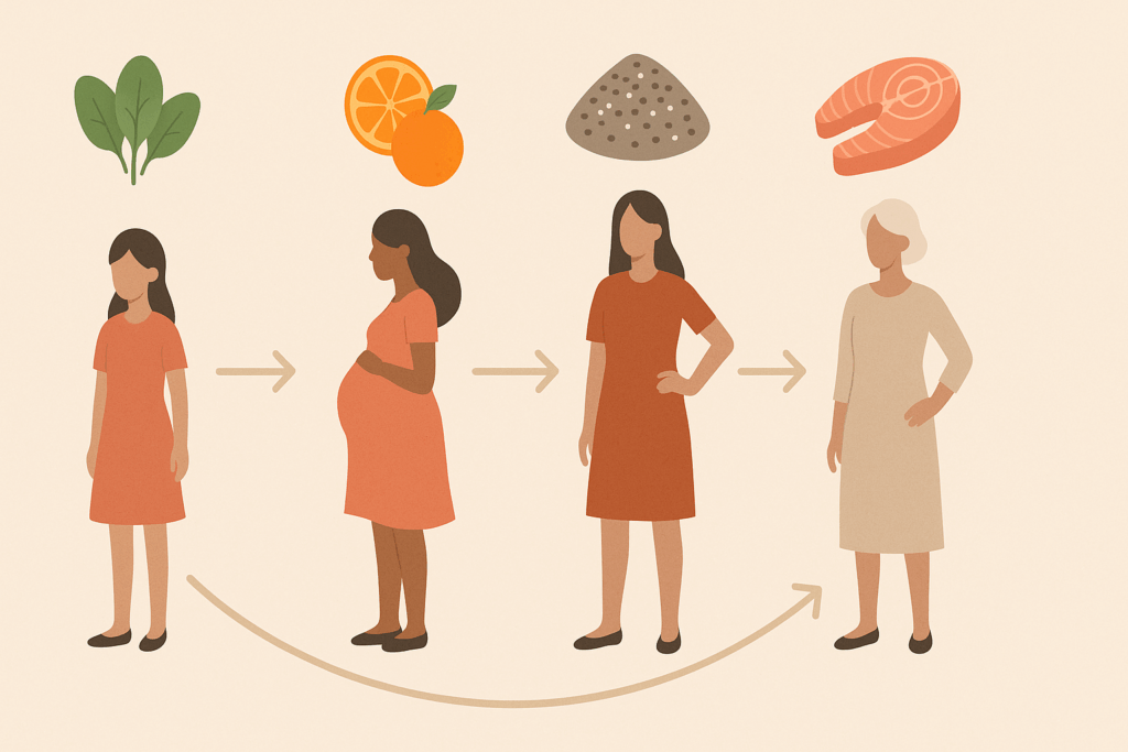 Timeline illustration of female life stages from adolescence to menopause with nutrient-rich foods like leafy greens, citrus fruits, and chia seeds, symbolizing balanced nutrition in wfpb recipes.