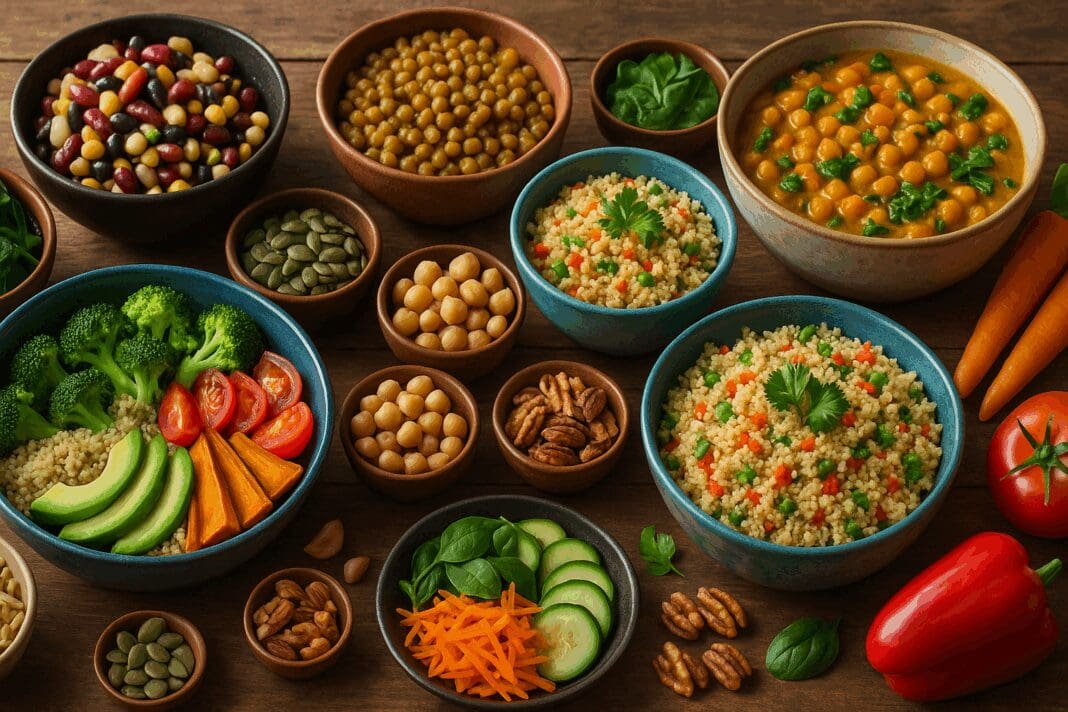 Colorful spread of wfpb recipes with quinoa bowls, legumes, fresh vegetables, nuts, and seeds on a rustic wooden table.