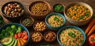 Colorful spread of wfpb recipes with quinoa bowls, legumes, fresh vegetables, nuts, and seeds on a rustic wooden table.