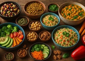 Colorful spread of wfpb recipes with quinoa bowls, legumes, fresh vegetables, nuts, and seeds on a rustic wooden table.
