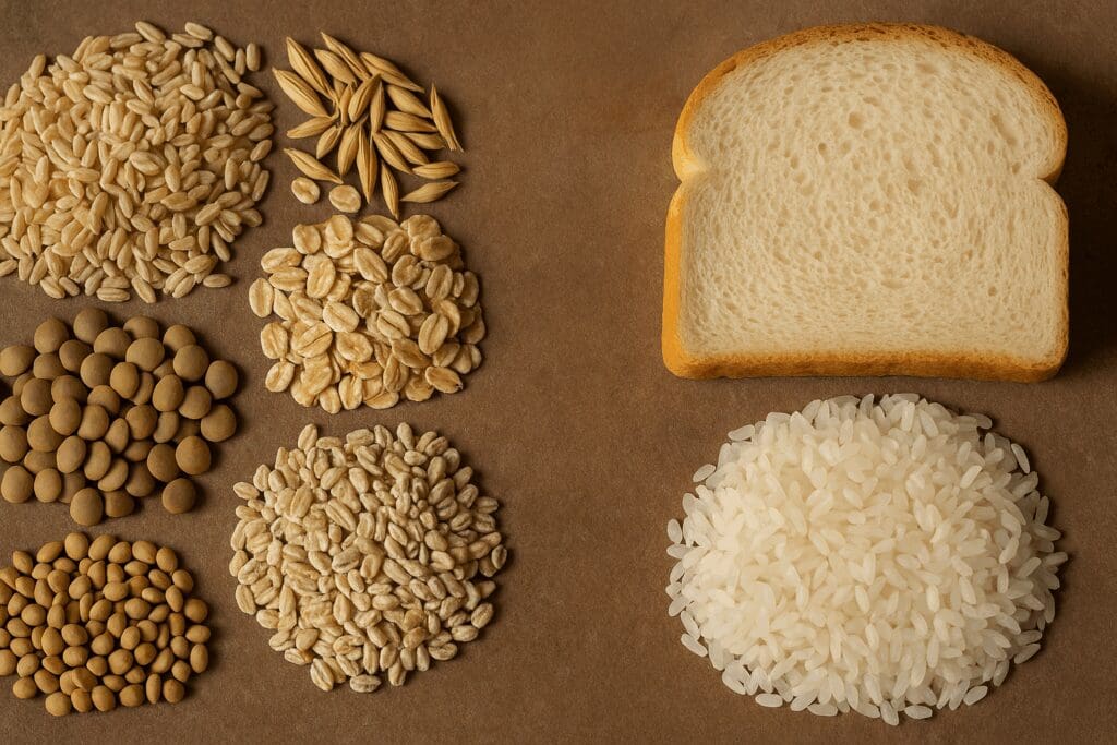 Comparison of whole grains and refined grains visually illustrating nutrient density, supporting advice on how to get B1 for maternity wellness