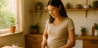 Essential Pregnancy Tips on How to Get B1 for Maternity Wellness Pregnant woman preparing a whole food meal in a sunlit kitchen, symbolizing how to get B1 for maternity wellness through nutrition.