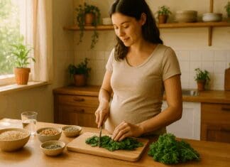 Pregnant woman preparing a whole food meal in a sunlit kitchen, symbolizing how to get B1 for maternity wellness through nutrition.
