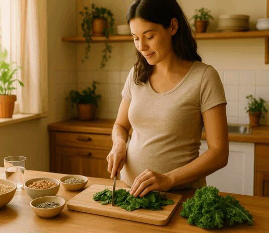 Pregnant woman preparing a whole food meal in a sunlit kitchen, symbolizing how to get B1 for maternity wellness through nutrition.