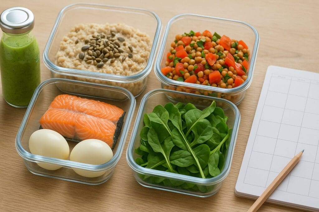 Organized meal prep with thiamine-rich foods like oatmeal, lentils, trout, eggs, and greens—showcasing how to get B1 for maternity wellness