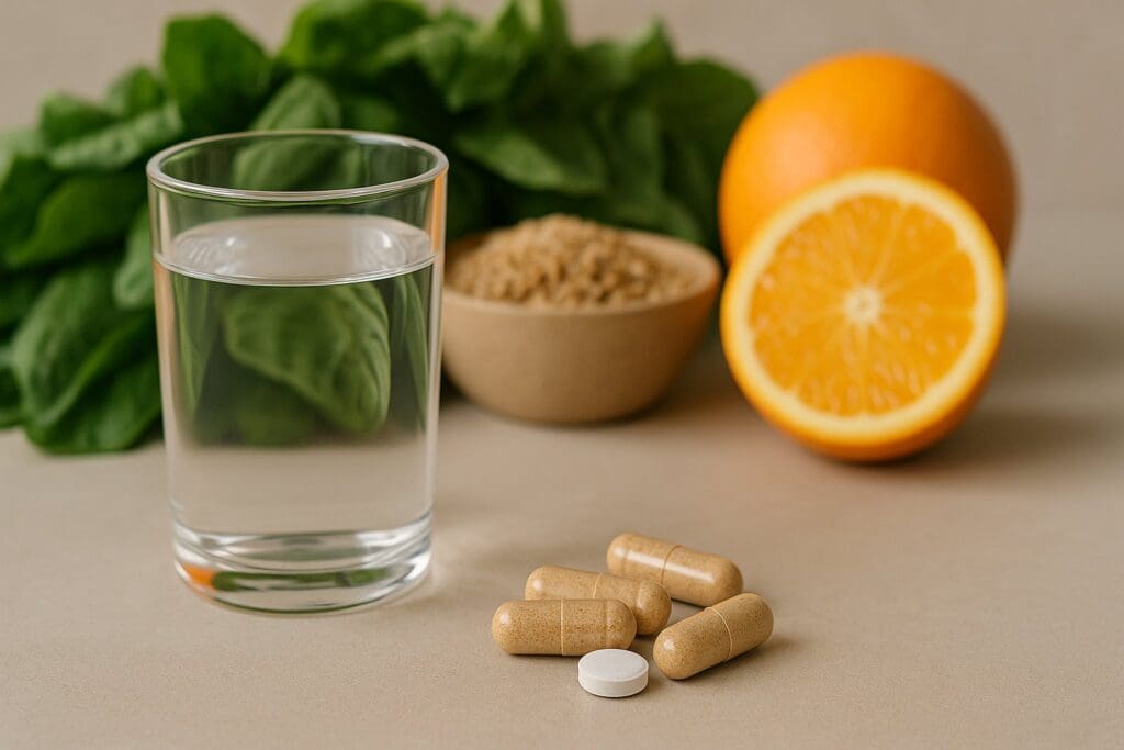 Glass of water and prenatal supplements beside leafy greens, grains, and citrus, showing how to get B1 for maternity wellness naturally and through supplementation.