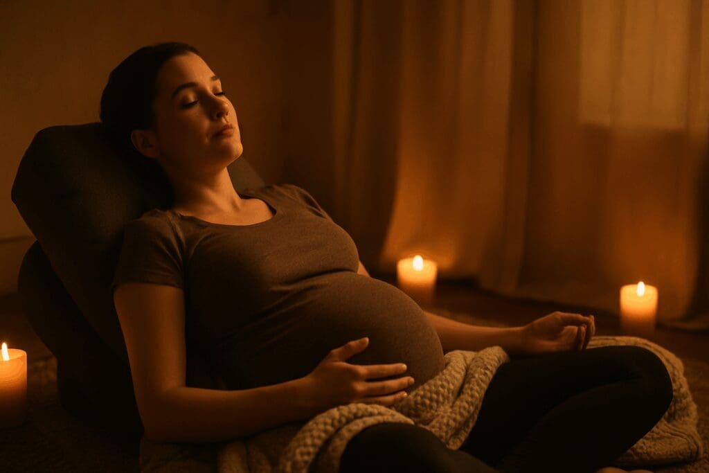 Pregnant woman meditating in a reclined position with candles and blankets, practicing yoga with Adriene prenatal for emotional wellness.
