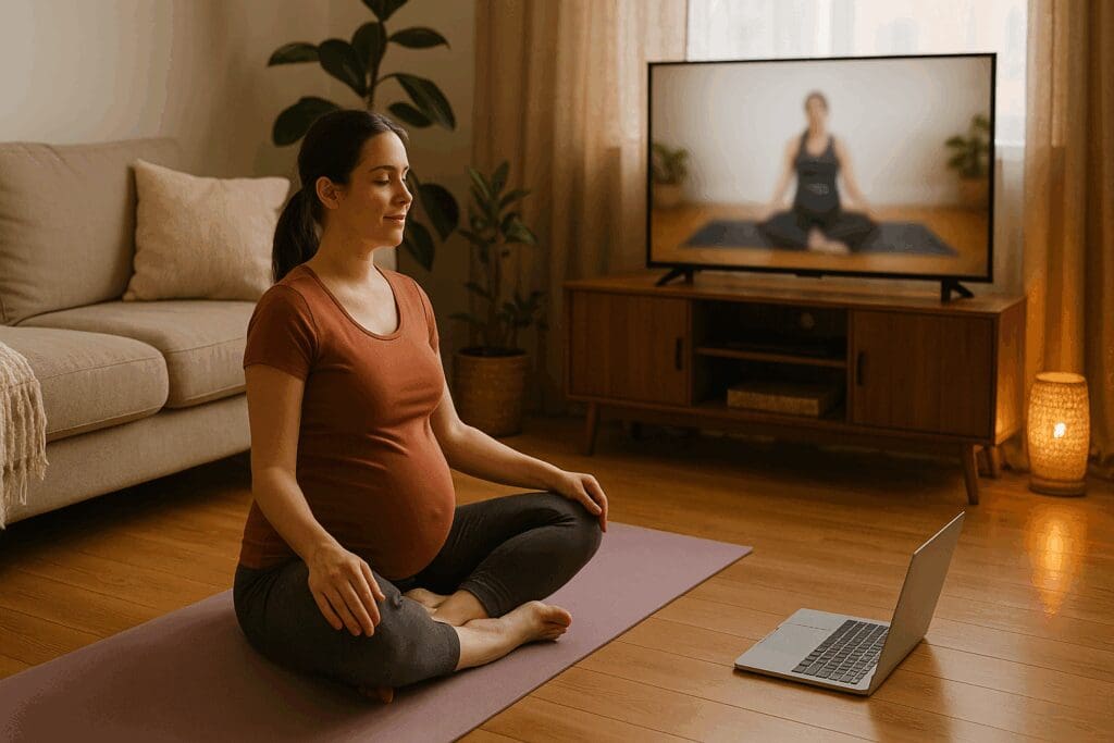 Pregnant woman in Sukhasana pose practicing yoga with Adriene prenatal video at home, surrounded by cozy decor and soft lighting