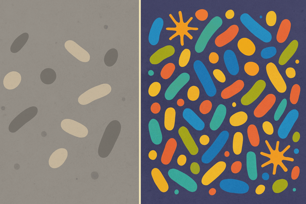 Side-by-side comparison of a depleted and a healthy gut microbiome illustrating how to rebuild gut microbiome after antibiotic use