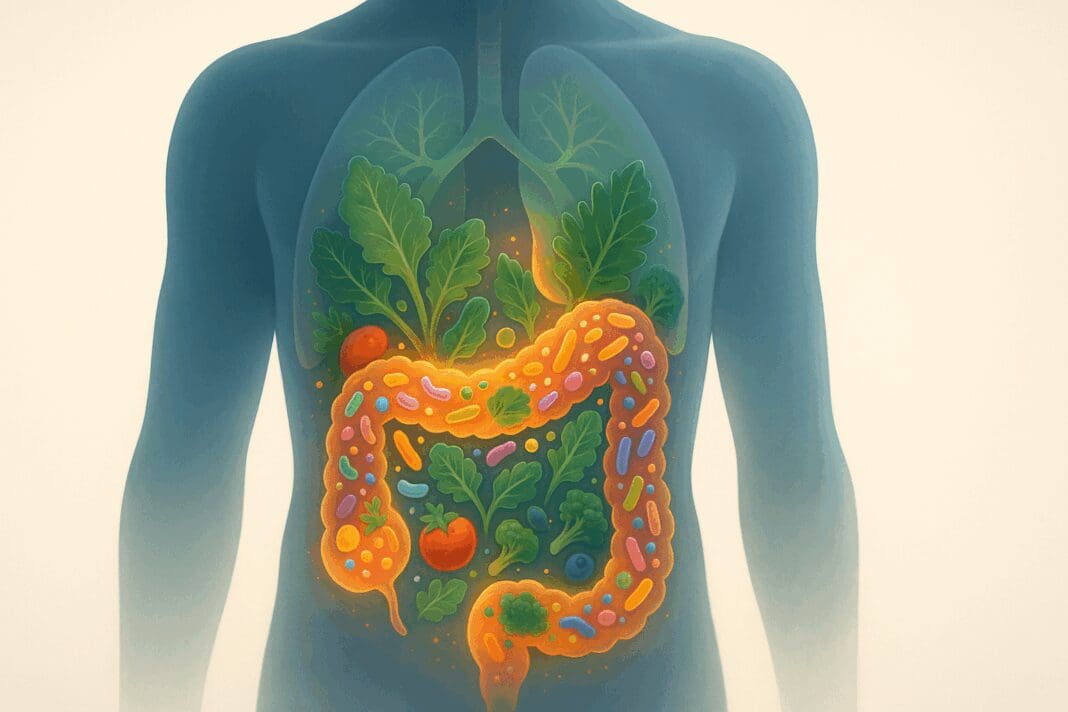 Transparent human torso illustrating how to rebuild gut microbiome with glowing bacteria, leafy greens, and vibrant whole foods inside the digestive tract.
